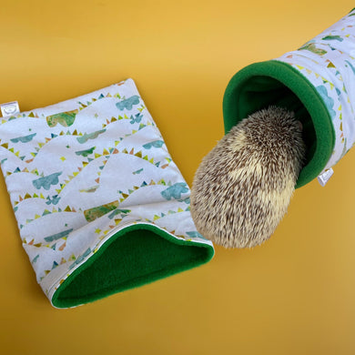 Clouds and bunting mini set. Tunnel, snuggle sack and toys. Hedgehog fleece tunnel and pouch.