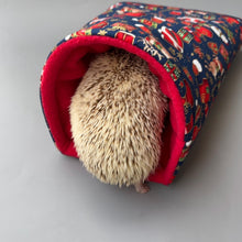 Load image into Gallery viewer, Christmas cosy snuggle cave. Padded stay open snuggle cave. Hedgehog bed. Fleece pet bedding.