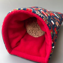 Load image into Gallery viewer, Christmas cosy snuggle cave. Padded stay open snuggle cave. Hedgehog bed. Fleece pet bedding.