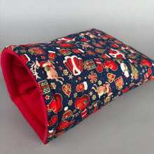 Load image into Gallery viewer, Christmas cosy snuggle cave. Padded stay open snuggle cave. Hedgehog bed. Fleece pet bedding.