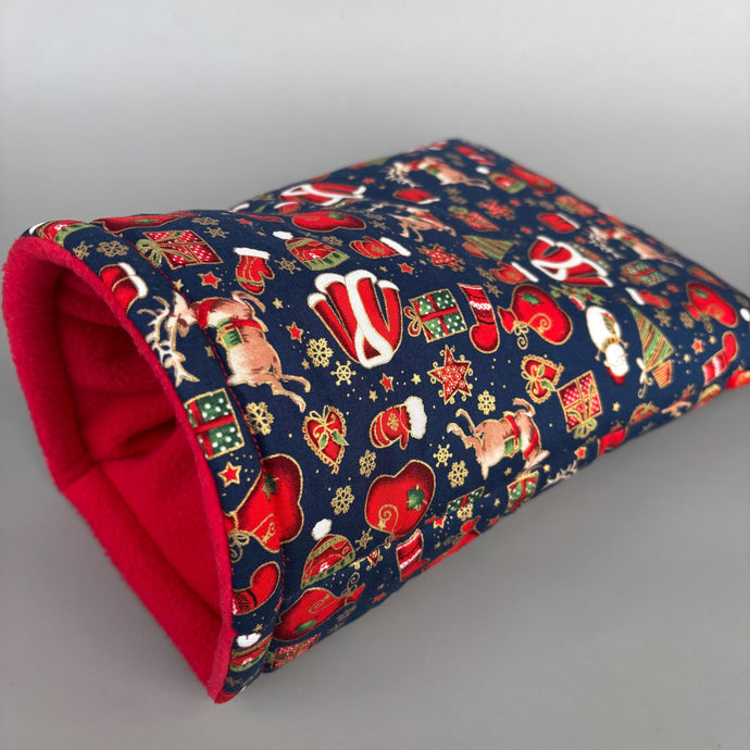 Christmas cosy snuggle cave. Padded stay open snuggle cave. Hedgehog bed. Fleece pet bedding.