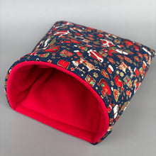 Load image into Gallery viewer, LARGE Christmas cosy snuggle cave. Padded stay open snuggle sack. Fleece pet bed. Stay open padded cave.