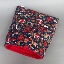 Load image into Gallery viewer, LARGE Christmas cosy snuggle cave. Padded stay open snuggle sack. Fleece pet bed. Stay open padded cave.