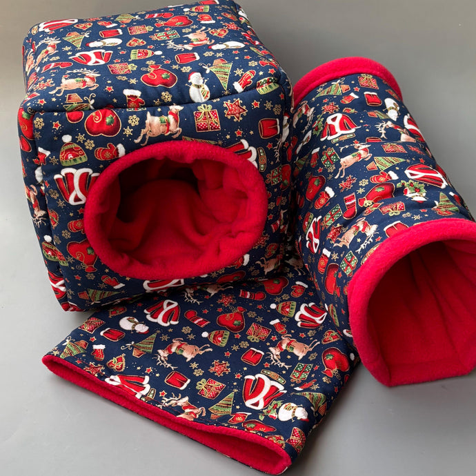 Christmas full cage set. Cube house, snuggle sack, tunnel cage set for hedgehog or small pet.