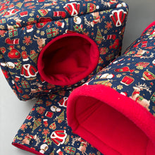 Load image into Gallery viewer, LARGE Christmas full cage set. Large cosy house, snuggle sack, tunnel set for hedgehog or guinea pigs.