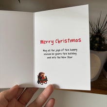 Load image into Gallery viewer, Pack of 6 sleigh hedgehog Christmas cards. Festive hedgehog cards. Happy holidays cards.