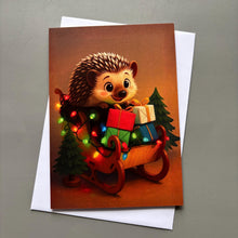 Load image into Gallery viewer, Pack of 6 sleigh hedgehog Christmas cards. Festive hedgehog cards. Happy holidays cards.