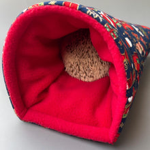 Load image into Gallery viewer, Christmas cosy snuggle cave. Padded stay open snuggle cave. Hedgehog bed. Fleece pet bedding.