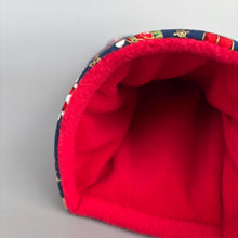 Load image into Gallery viewer, Christmas cosy snuggle cave. Padded stay open snuggle cave. Hedgehog bed. Fleece pet bedding.