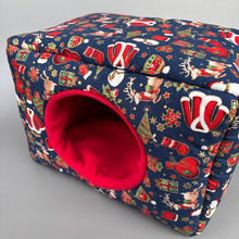 Load image into Gallery viewer, LARGE Christmas cosy bed. Cosy cuddle Cube. Snuggle house. Fleece hidey. Padded house for guinea pig.