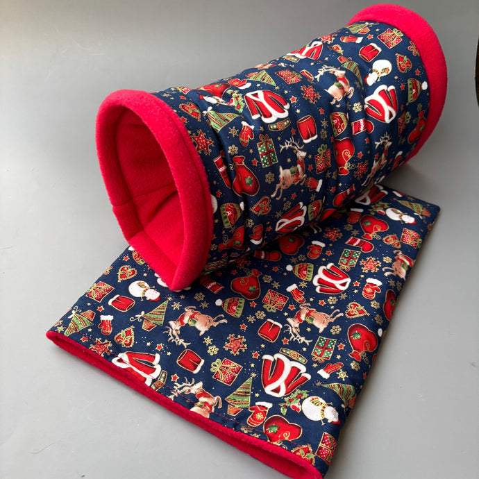 Christmas mini set. Tunnel, snuggle sack and toys. Fleece bedding. Hedgehog fleece tunnel and pouch.