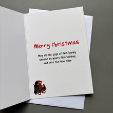 Load image into Gallery viewer, Pack of 6 sleigh hedgehog Christmas cards. Festive hedgehog cards. Happy holidays cards.