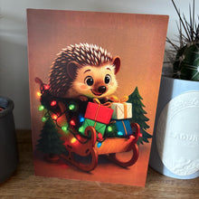 Load image into Gallery viewer, Pack of 6 sleigh hedgehog Christmas cards. Festive hedgehog cards. Happy holidays cards.