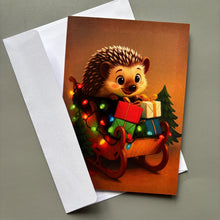 Load image into Gallery viewer, Pack of 6 sleigh hedgehog Christmas cards. Festive hedgehog cards. Happy holidays cards.
