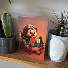 Load image into Gallery viewer, Pack of 6 sleigh hedgehog Christmas cards. Festive hedgehog cards. Happy holidays cards.