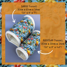 Load image into Gallery viewer, Dinosaur stay open tunnel. Padded fleece tunnel for hedgehogs rats and small pets. Small pet cosy tunnel.