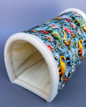 Load image into Gallery viewer, LARGE dinosaur guinea pigs stay open tunnel. Padded fleece tunnel. Padded tunnel for guinea pigs.
