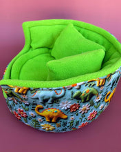 Load image into Gallery viewer, LARGE dinosaur cuddle cup. Pet sofa. Guinea pig bed. Fleece bed. Fleece sofa.