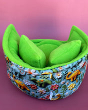 Load image into Gallery viewer, LARGE dinosaur cuddle cup. Pet sofa. Guinea pig bed. Fleece bed. Fleece sofa.