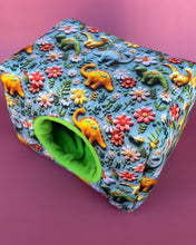 Load image into Gallery viewer, LARGE dinosaur cosy bed. Padded fleece house for guinea pigs.