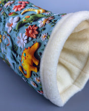 Load image into Gallery viewer, Dinosaur stay open tunnel. Padded fleece tunnel for hedgehogs rats and small pets. Small pet cosy tunnel.