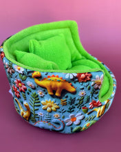 Load image into Gallery viewer, Dinosaur cuddle cup. Hedgehog and small pet bed. Fleece pet sofa bed.
