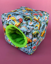 Load image into Gallery viewer, Dinosaur cosy cube house. Padded fleece lined hedgehog and guinea pig house.