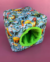 Load image into Gallery viewer, Dinosaur cosy cube house. Padded fleece lined hedgehog and guinea pig house.