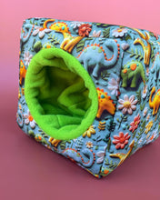 Load image into Gallery viewer, Dinosaur cosy cube house. Padded fleece lined hedgehog and guinea pig house.