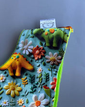 Load image into Gallery viewer, Dinosaur bonding scarf for hedgehogs and small pets. Bonding pouch. Fleece lined.
