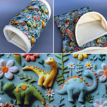 Load image into Gallery viewer, LARGE dinosaur mini set. LARGE size tunnel, LARGE snuggle sack and toys. Fleece bedding.