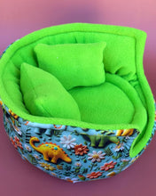 Load image into Gallery viewer, LARGE dinosaur cuddle cup. Pet sofa. Guinea pig bed. Fleece bed. Fleece sofa.