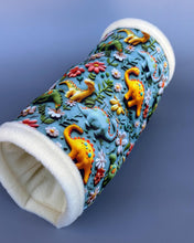 Load image into Gallery viewer, Dinosaur stay open tunnel. Padded fleece tunnel for hedgehogs rats and small pets. Small pet cosy tunnel.