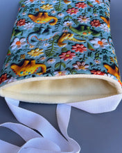 Load image into Gallery viewer, Dinosaur padded bonding bag, carry bag for hedgehogs. Fleece lined pet tote. Pet travel bag.