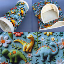 Load image into Gallery viewer, Dinosaur mini set. Tunnel, snuggle sack and toys. Hedgehog fleece tunnel and pouch.