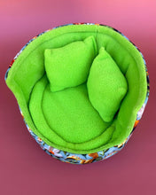Load image into Gallery viewer, Dinosaur cuddle cup. Hedgehog and small pet bed. Fleece pet sofa bed.