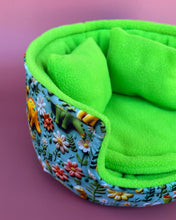 Load image into Gallery viewer, Dinosaur cuddle cup. Hedgehog and small pet bed. Fleece pet sofa bed.