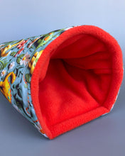 Load image into Gallery viewer, Dinosaur cosy snuggle cave. Padded stay open snuggle sack. Hedgehog bed. Fleece pet bedding.