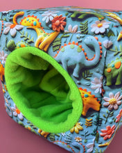 Load image into Gallery viewer, Dinosaur cosy cube house. Padded fleece lined hedgehog and guinea pig house.