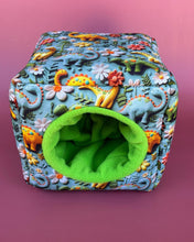 Load image into Gallery viewer, Dinosaur cosy cube house. Padded fleece lined hedgehog and guinea pig house.