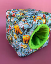 Load image into Gallery viewer, Dinosaur cosy cube house. Padded fleece lined hedgehog and guinea pig house.
