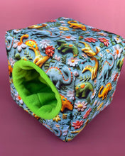 Load image into Gallery viewer, Dinosaur cosy cube house. Padded fleece lined hedgehog and guinea pig house.