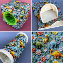 Load image into Gallery viewer, Dinosaur full cage set. Cube house, snuggle sack, tunnel cage set for hedgehog or small pet.