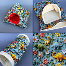 Load image into Gallery viewer, Dinosaur full cage set. Tent house, snuggle sack, tunnel cage set for hedgehog or small pet.