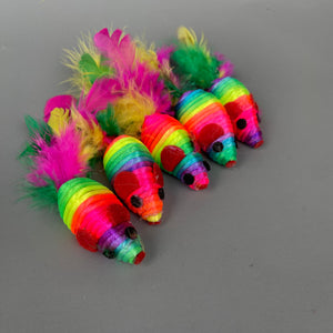 CHIWAVA 5" Rattle Toy Mice with Feather Rainbow Rope Mouse. Interactive toy.