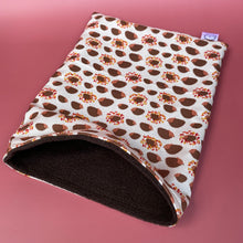 Load image into Gallery viewer, Autumn Hedgehogs cosy snuggle sack, snuggle pouch, sleeping bag. Small animal bedding. Fleece lined hedgehog pouch. (Copy) (Copy)