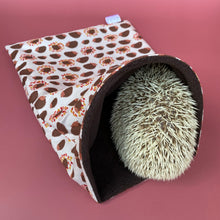 Load image into Gallery viewer, Autumn Hedgehogs cosy snuggle sack, snuggle pouch, sleeping bag. Small animal bedding. Fleece lined hedgehog pouch. (Copy) (Copy)