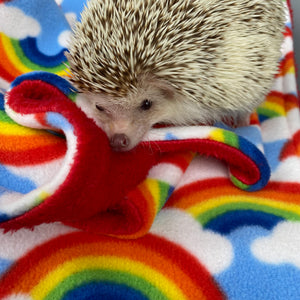 Rainbow and red light cuddle fleece handling blankets for small pets.