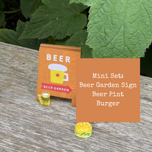 Load image into Gallery viewer, Mini Beer Garden board sign, beers and burger for photos. Photo props