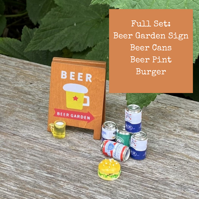 Mini Beer Garden board sign, beers and burger for photos. Photo props